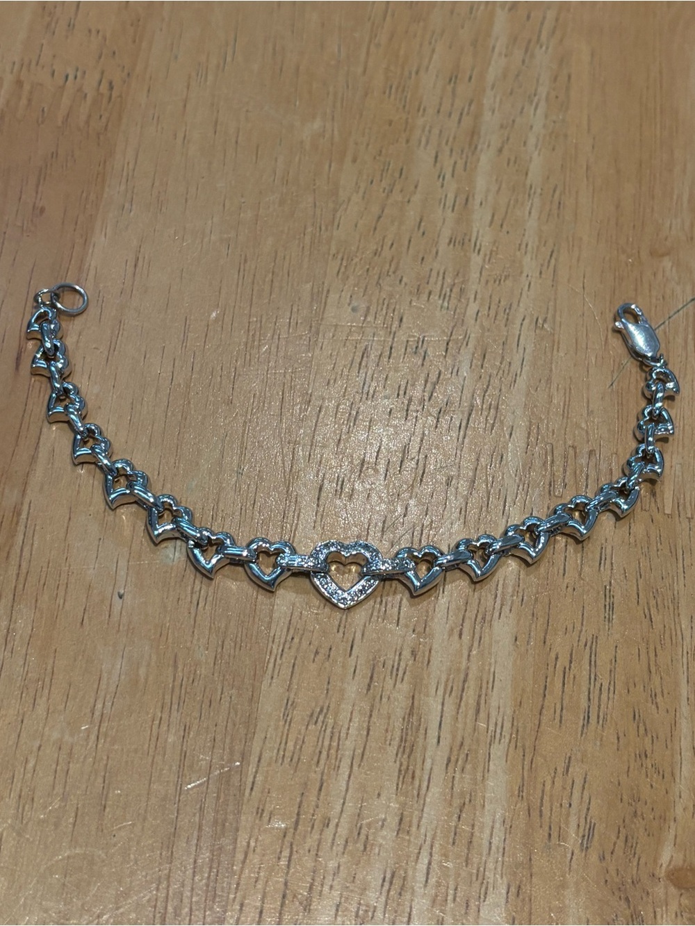 Vintage sterling silver and crystal heart link chain bracelet 17.3gtw